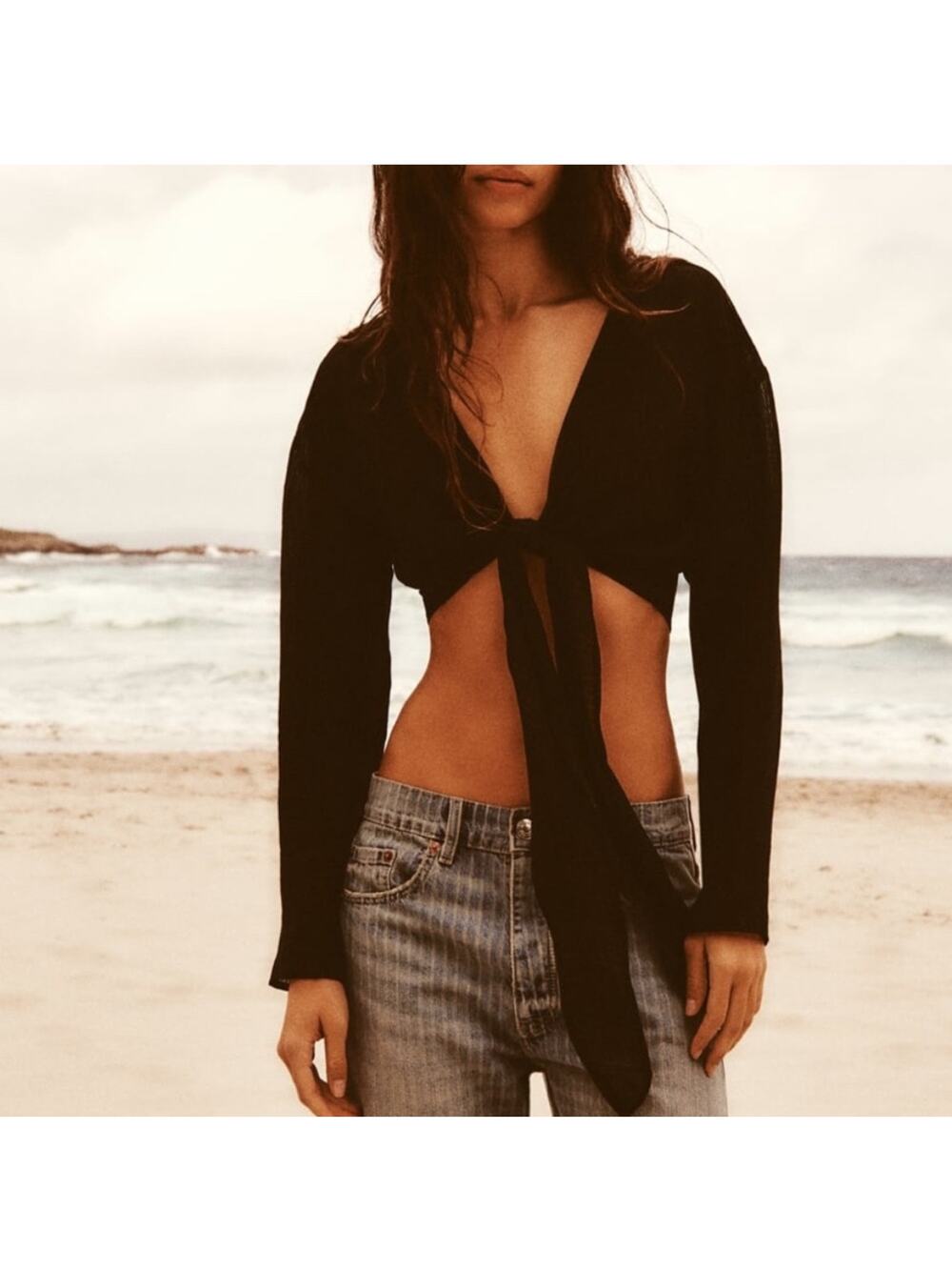 Zara Black Gauze Tie Front Crop Top Small Long Sleeve Beach Swim Cover Up